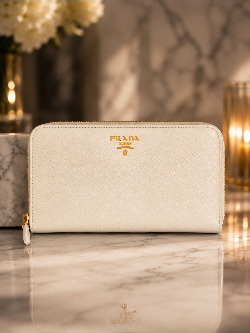 Prada Saffiano Lux White Leather Zip Around Wallet Gold Hardware | Authentic